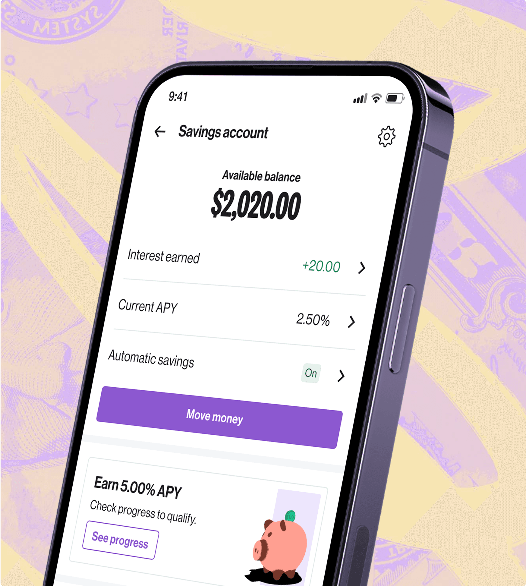 Savings account UI on purple and yellow bg