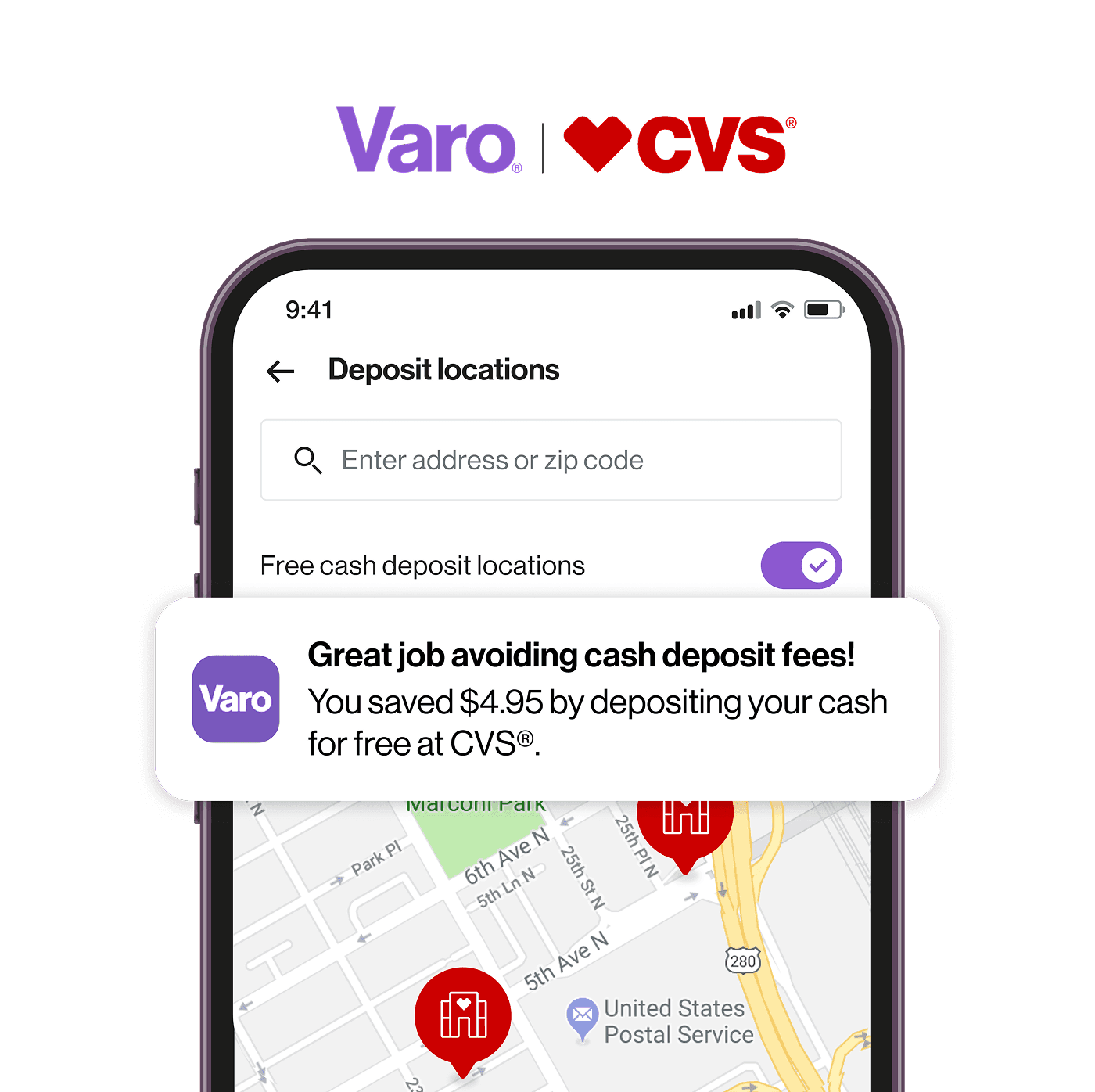 Varo CVS fee free cash deposit locations map