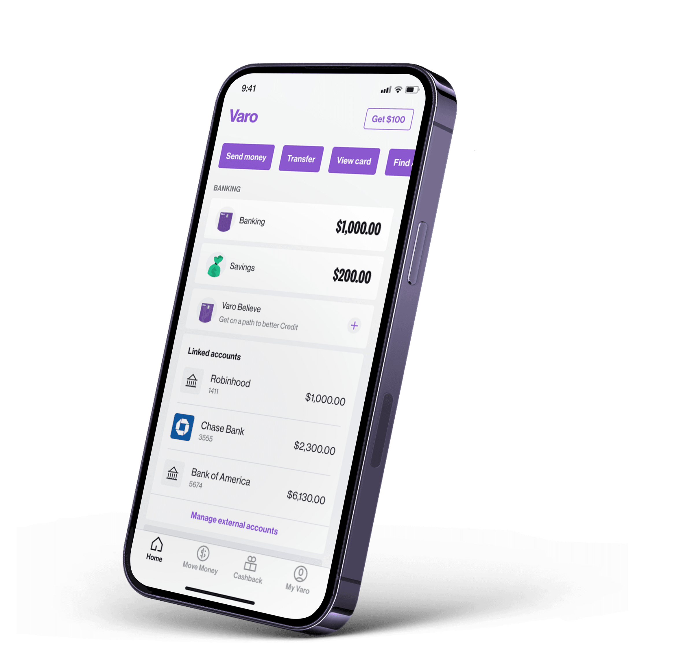 varo homescreen ui on phone with linked external bank accounts