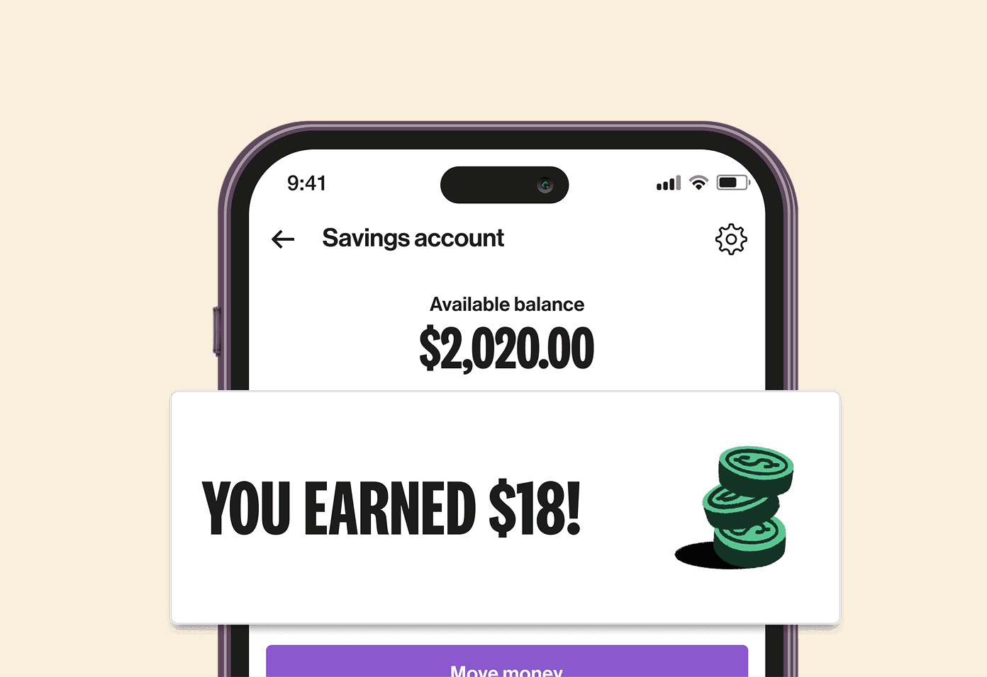 varo phone screen - savings account balance earned $18
